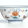 A fine doucai 'Mandarin Duck and Lotus' bowl, Seal mark and period of Qianlong (1736-1795)