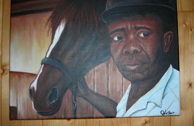 homme noir et son cheval/acrylique sur toile/26x34cm