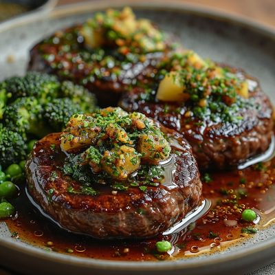 Hamburger steak gremolata brocoli