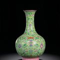 A lime-green ground famille-rose bottle vase, seal mark and period of Jiaqing (1796-1820)