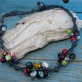 Collier "Payse" coton ciré gris et perles  marbrées multicolores