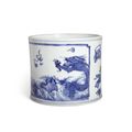 A blue and white 'Dragons and Antiques' brushpot, Kangxi period