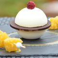 SPHÈRE PANNA COTTA VANILLE ET SES BROCHETTES D 'ANANAS AU RHUM 