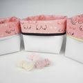 Panier de rangement, vide poche, pochon, simili blanc, bord au choix, tissu rose imprimé Girl Power