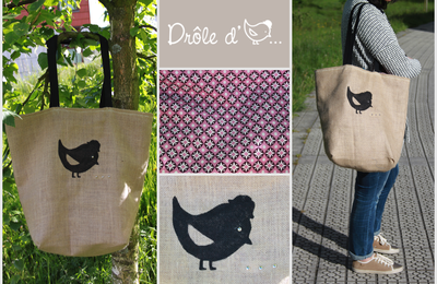 Sac cabas en toile de jute beige avec "drôle d'oiseau".