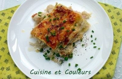 Lasagnes au chou-fleur, petits pois, jambon de Paris