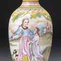 An Imperial Canton enamel ‘European subject’ snuff bottle, blue enamel mark and period of Qianlong