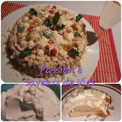 Gâteau vanille, poires, ganache et crème de marrons 