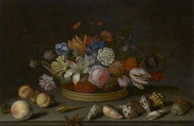 Balthasar van der Ast, Tulips, roses and other flowers in a basket on a table, with shells, fruit, a lizard and a butterfly