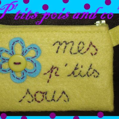 Porte-monnaie vert "mes p'tits sous" fleur turquoise