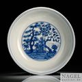 A very rare blue and white 'Three friends of winter' dish, China, Jiajing six-character mark and period (1522-1566)