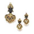 18 karat gold, wood, diamond, sapphire and lapis lazuli blackamoor brooch and earclips, Nardi