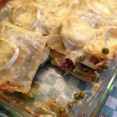 ♥ Lasagne aux petits pois, jambon, champi et chèvre.