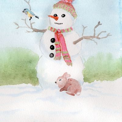 Aquarelle "Bonhomme de neige, oiseau et lapin"