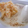 Boudin blanc revisité et sa sauce parmesan, accompagné de son écrasé de pomme de terre carrotte.