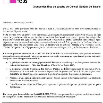Lettre des candidats soutenus par Savoie pour tous
