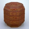 Octagonal Three-tiered Food Box (Bajiao Sanceng He) with Flowers and Cartouches Showing Scholars in Landscapes, Yuan dynasty (1279-1368)