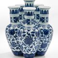 A rare six-necked underglaze blue vase 'liukongping', Qianlong four-character mark and of the period (1736-1795)
