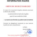 INFORMATION DE LA MAIRIE - Grève du jeudi 23 mars 2023 - la mairie sera fermée toute la matinée