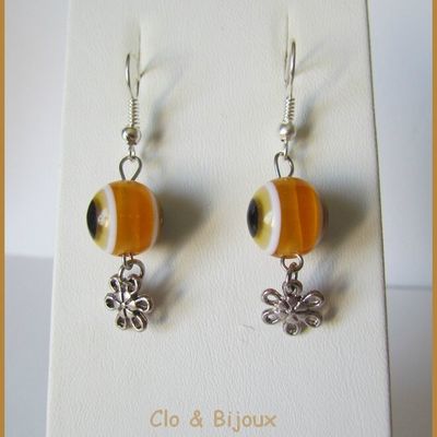 [BO96] Boucles d'oreilles perles oeil turc 'Nazar Boncuk' jaune + connecteur lilas argenté (D) 