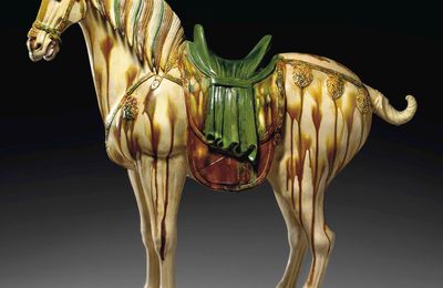 A large and finely modeled sancai-glazed pottery figure of a Ferghana horse, Tang dynasty (AD 618-907)