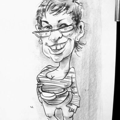 Caricatures de la tête d'une caricaturiste par ses collègues caricaturistes