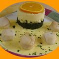 Poêlée de noix de St-Jacques à l'orange, purée vanillée sur lit d'épinards