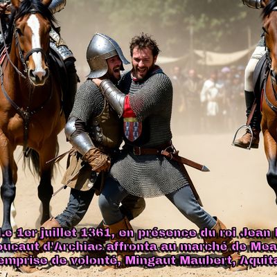  Le 1er juillet 1361, en présence du roi Jean II, Foucaut d'Archiac affronta au marché de Meaux, en bataille, emprise de volonté, Mingaut Maubert, Aquitain comme lui.
