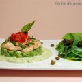 Tartare d'asperges vertes et crevettes aux câpres, crème d'avocat et mesclun à l'huile d'olive d'après Guy Lassausaie 