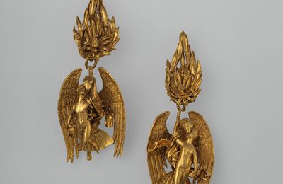 Pair of gold earrings with Ganymede and the eagle, Greek, Classical, ca. 330–300 B.C.