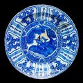 Dish, fritware, painted in underglaze cobalt blue with s scholar in a landscape, Iran, 1600-1640