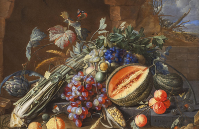 Cornelis de Heem A Still Life of Fruit with a Melon, Grapes and Celery together with Oranges and Peaches, an Artichoke, Walnuts 