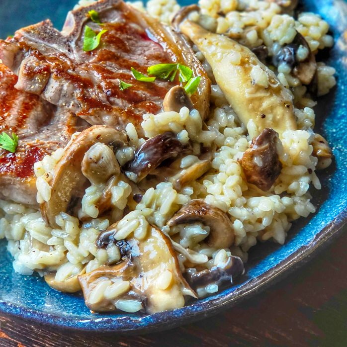 Risotto aux champignons, côtes d'agneau Irish Lamb