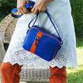 Sac sacoche cuir collection DANDY Nubuck pleine fleur bleu saphir et cuir orange pétant - Maroquinerie Artisanale française