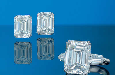 An important pair of 8.15 and 8.01 carats rectangular-cut diamond ear studs & A 11.58 carats rectangular-cut diamond ring