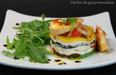 Pressé de légumes confits mascarpone et basilic et gambas d'après Frédéric Jombart