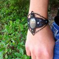 Manchette Bracelet micro-macramé large Bohême noir pierre Obsidienne argentée