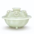 An exceptional and finely carved white jade 'Bajixiang' and 'Three rams' bowl and cover, Qing dynasty, Qianlong period