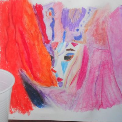 essai visage vénitien, craies grasses et crayons aquarelles