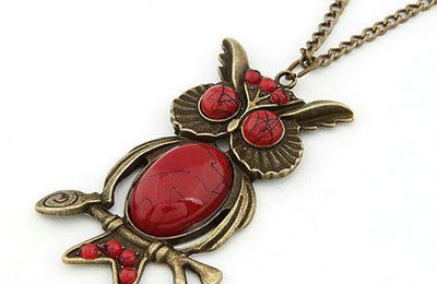 Pendentif Hibou_Chouette "Rojo" Style Vintage Perle Corail Métal Couleur Bronze