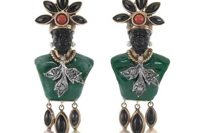 Pair of Gold, Silver, Enamel, Black Onyx, Coral, Diamond and Freshwater Pearl Blackamoor Pendant-Earrings 