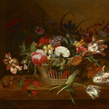 Jacob Marrel (1614-1681), Corbeille de fleurs posée sur un entablement avec papillon et insecte