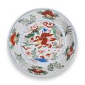 A rare wucai 'Five Poisonous Creatures' saucer dish, Wanli six-character mark and of the period (1573-1620)