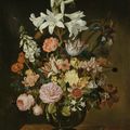 Jacob Marrel, Still life of flowers in a vase set on a stone plinth with a lizard and grasshopper
