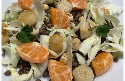 Salade de lentilles et chou blanc aux coquilles Saint Jacques