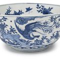 A large Chinese porcelain blue and white 'Phoenix' bowl, Ming dynasty, 17th century