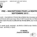 Pré-inscription pour la rentrée des classes de septembre 2013