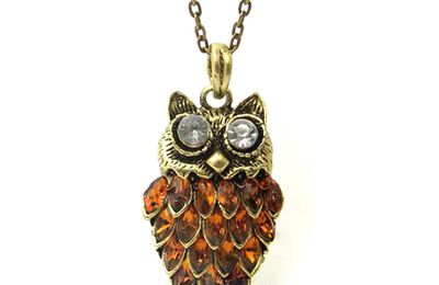 Pendentif Hibou "Solo" Style Vintage Perles Couleur Topaz_Strass Couleur Crystal Métal Couleur Bronze