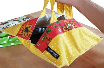 Sac à tarte / porte tarte rétro bohème jaune poussin pois et rouge fleurs vintage chic