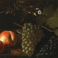 Danish School - A still life of grapes, oranges and coins with a sprig of jasmine in a glass vase
